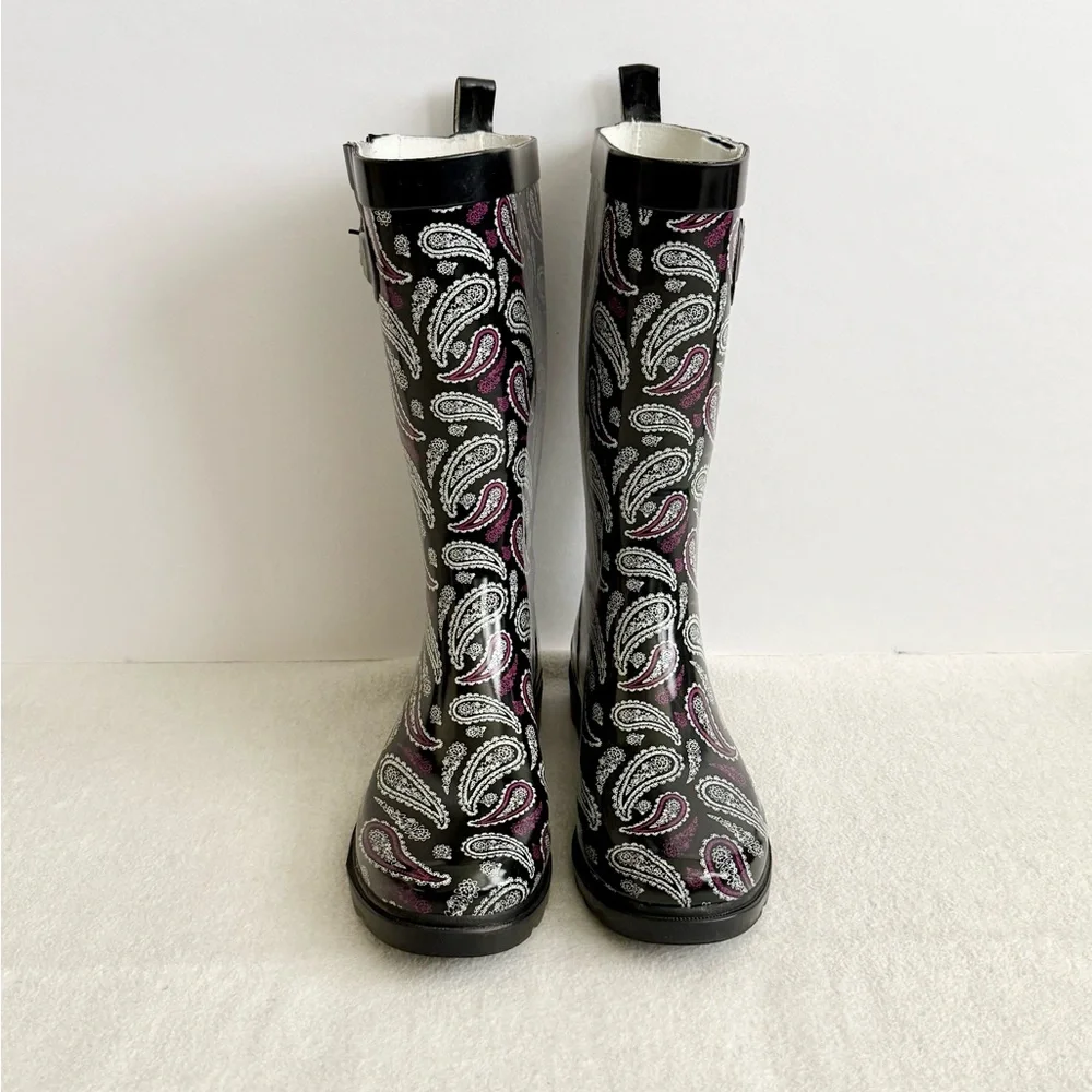 Paisley Rubber Rain Boots Black Purple Size 8 Tall Waterproof Outdoor